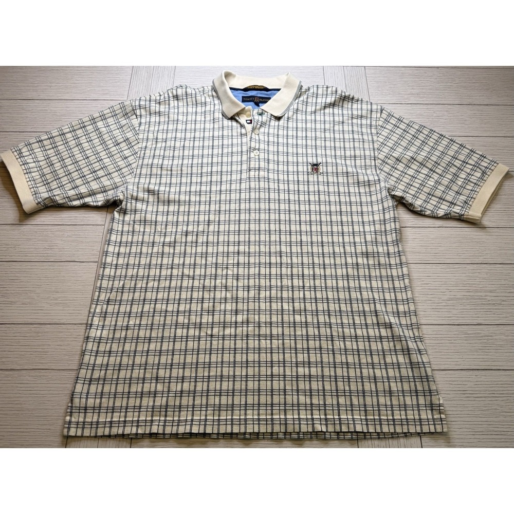 VTG Tommy Hilfiger Beige Windowpane Embroidered Crest Polo Golf Shirt XL Preppy